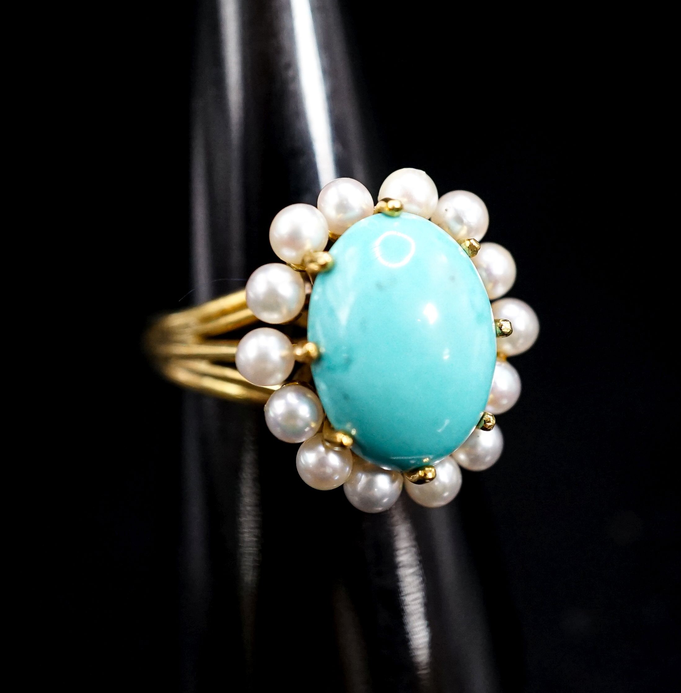 An 18ct, turquoise and cultured pearl set cluster ring, size N, gross 9 grams.